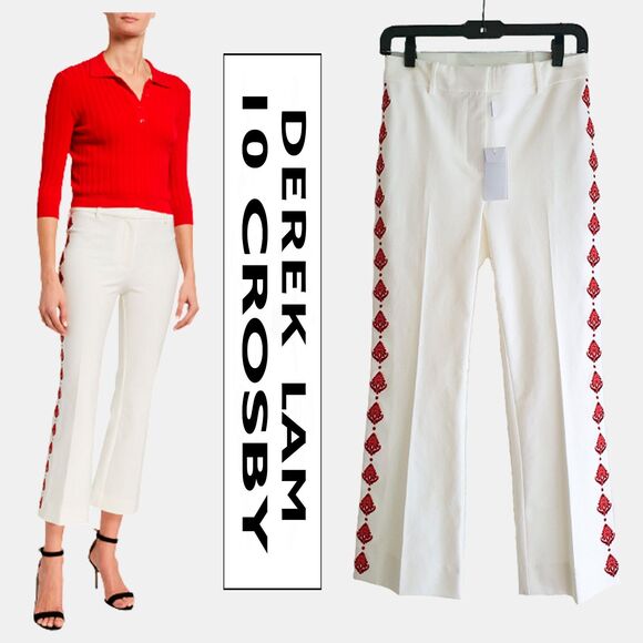 DEREK LAM CROSBY NEW Embroidered Stripe Low Rise Wide Crop Leg Pants 2 - Picture 1 of 10